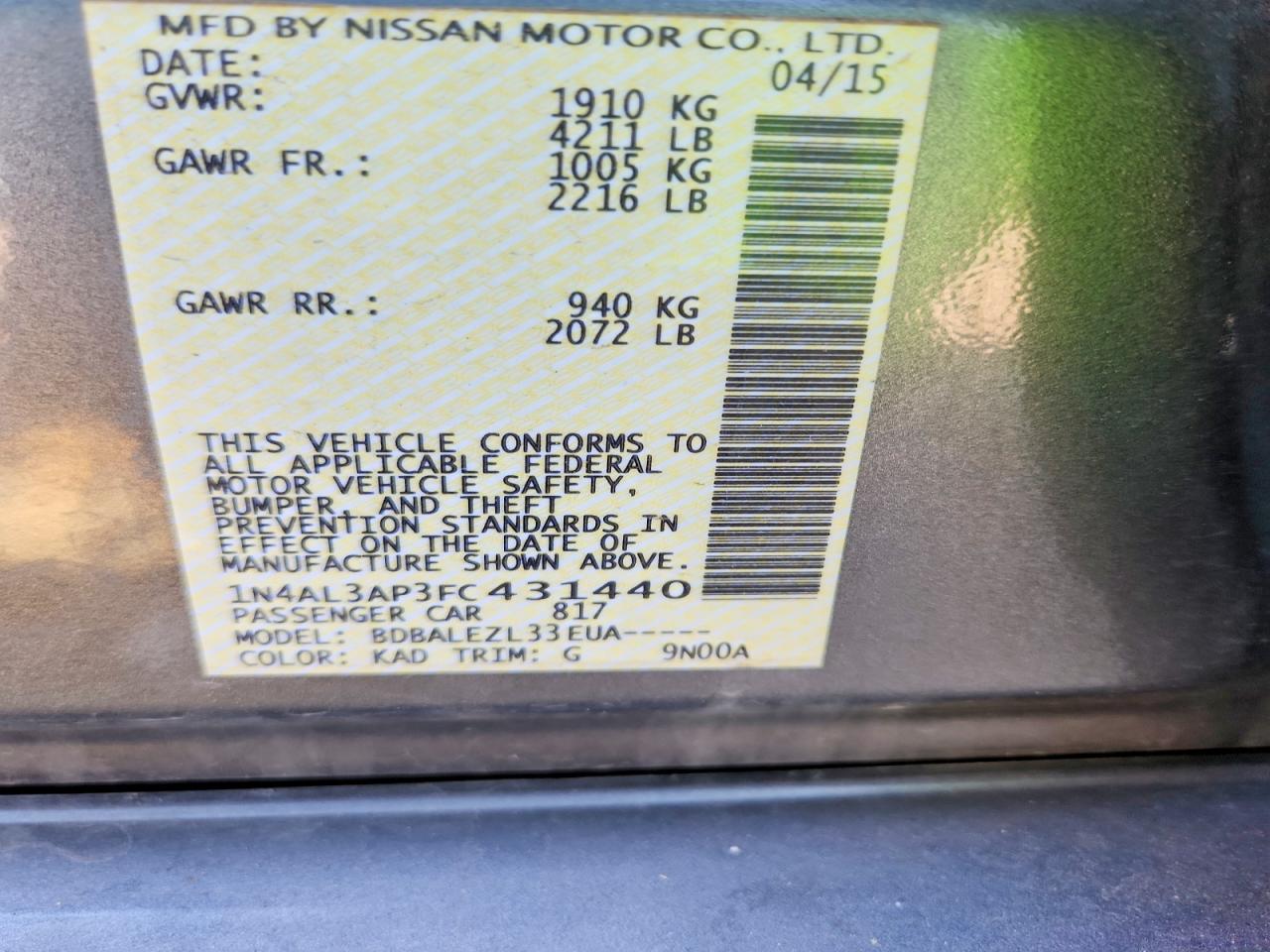 1N4AL3AP3FC431440 · 2015 NISSAN ALTIMA · 12/12