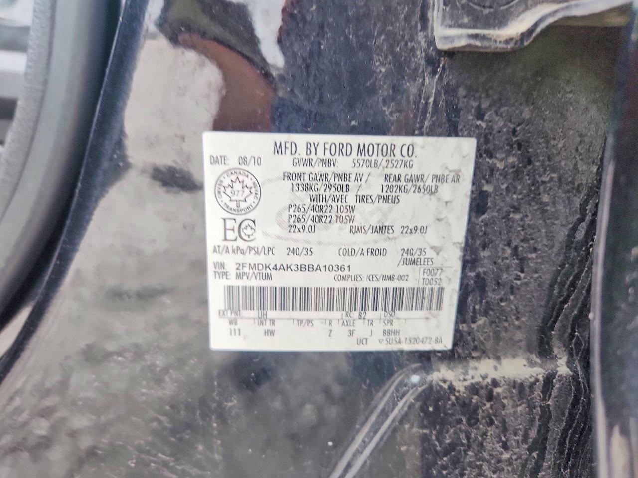 2FMDK4AK3BBA10361 · 2011 FORD EDGE · 12/12