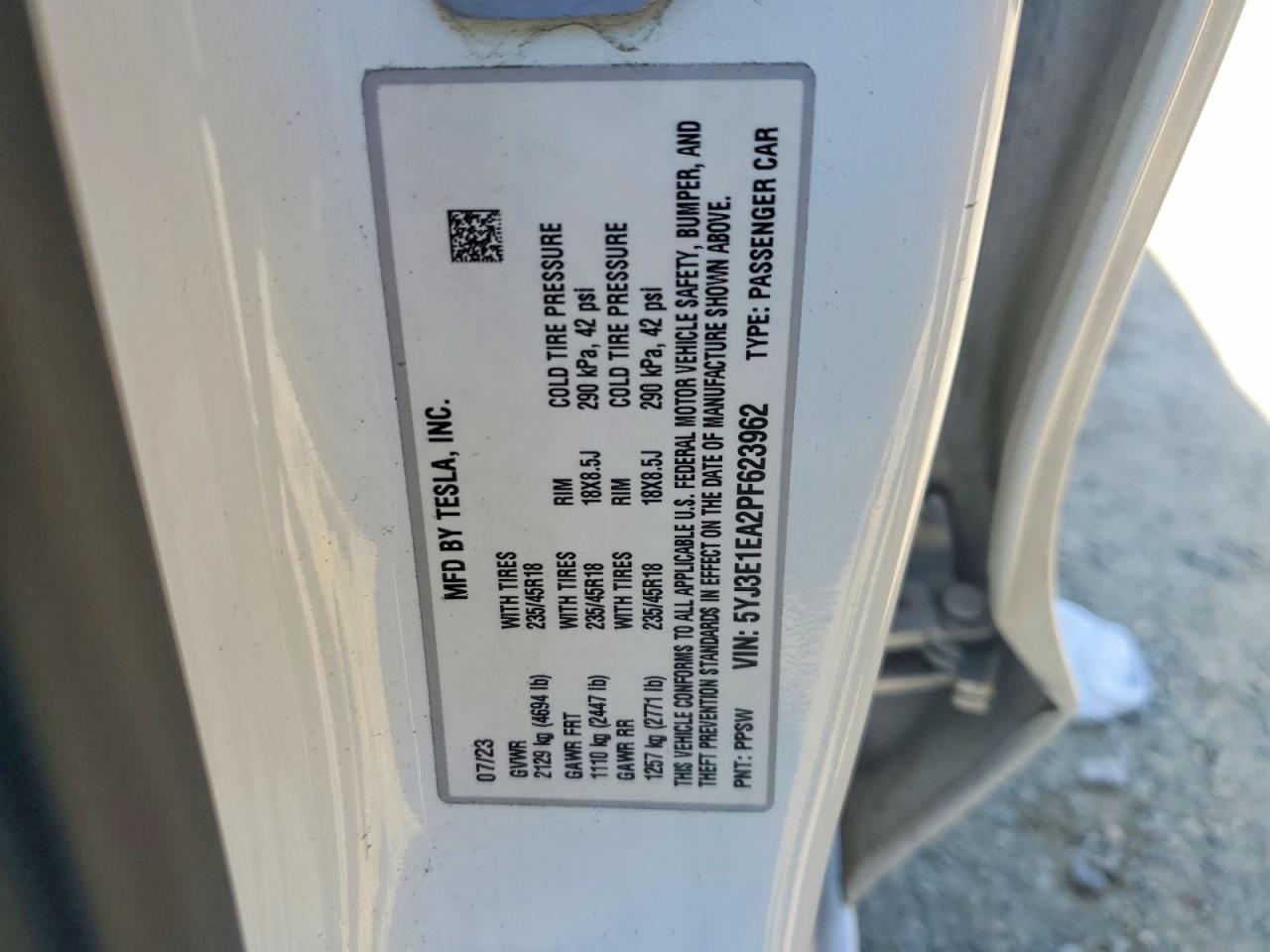 5YJ3E1EA2PF623962 · 2023 TESLA MODEL 3 · 12/12