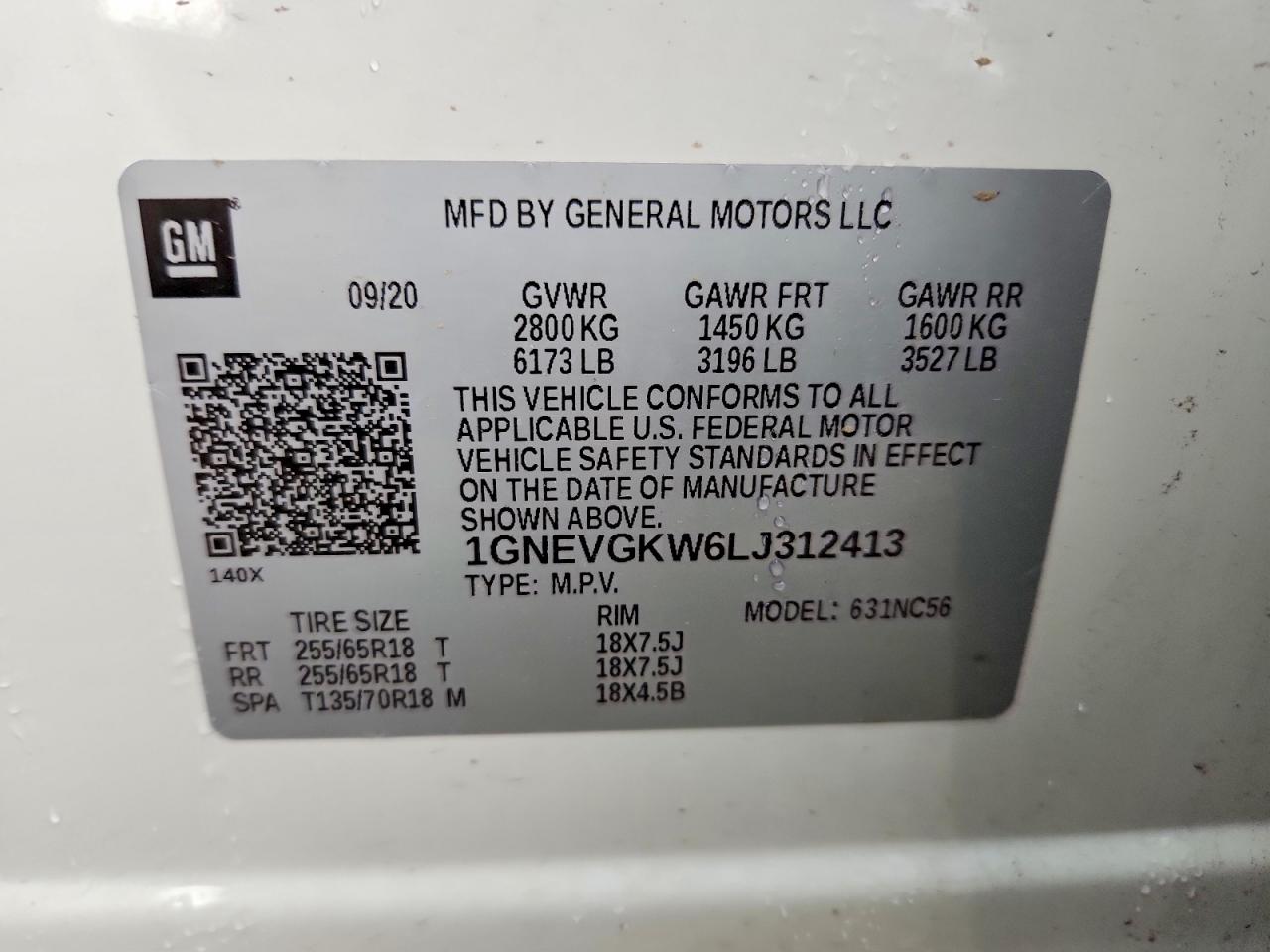 1GNEVGKW6LJ312413 · 2020 CHEVROLET TRAVERSE · 12/12