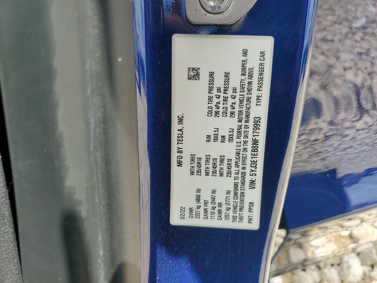 5YJ3E1EB8NF179993 · 2022 TESLA MODEL 3 · 12/12