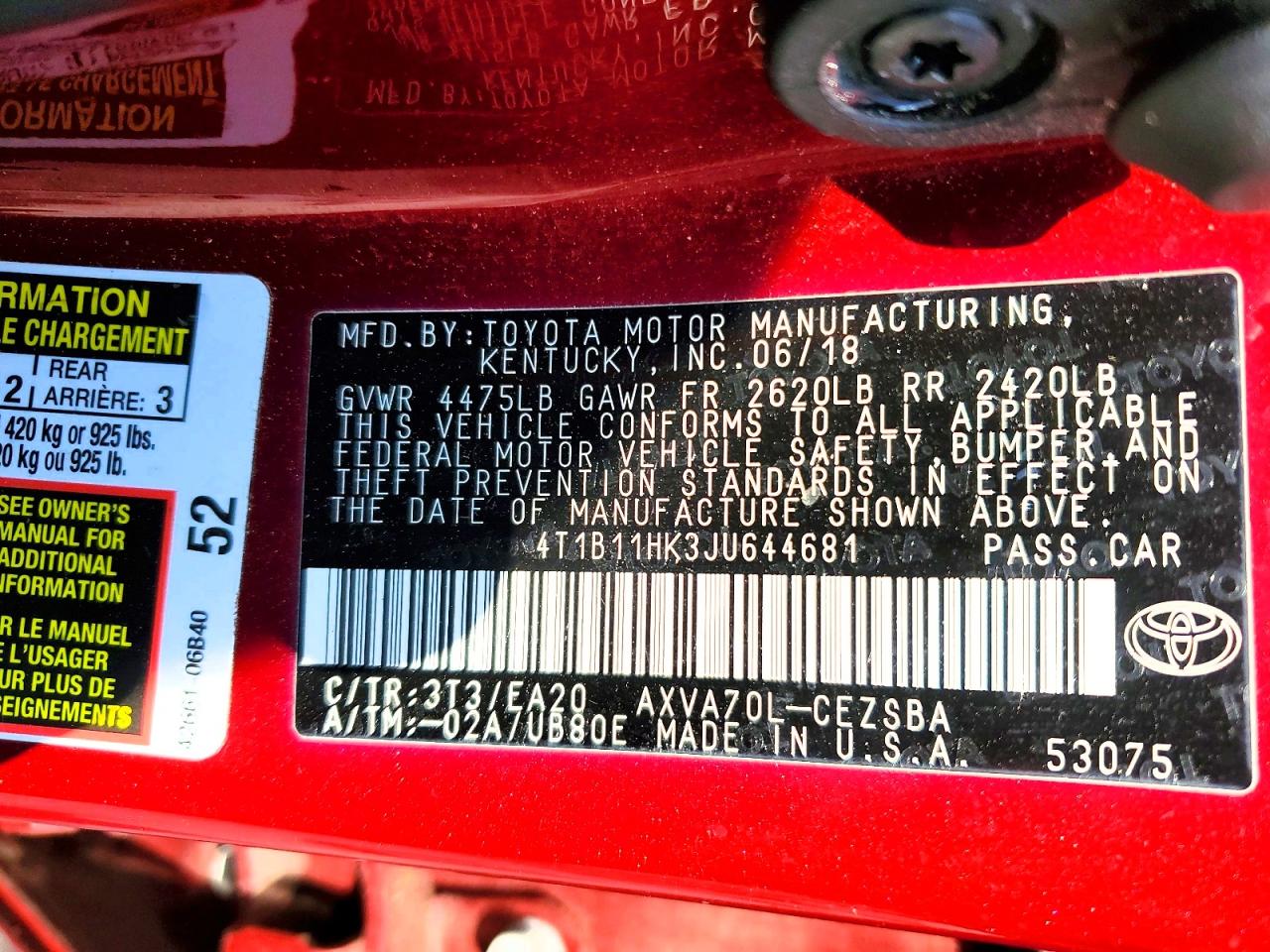 4T1B11HK3JU644681 · 2018 TOYOTA CAMRY · 12/12