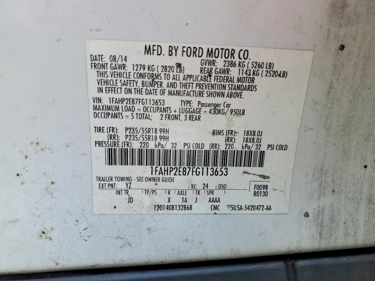 1FAHP2E87FG113653 · 2015 FORD TAURUS · 12/12