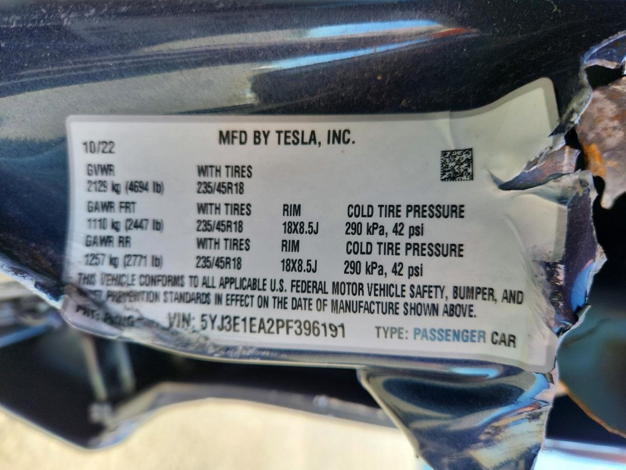 5YJ3E1EA2PF396191 · 2023 TESLA MODEL 3 · 12/12
