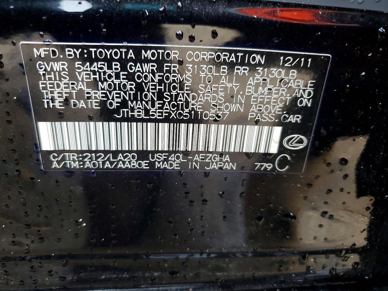 JTHBL5EFXC5110537 · 2012 LEXUS LS · 12/12