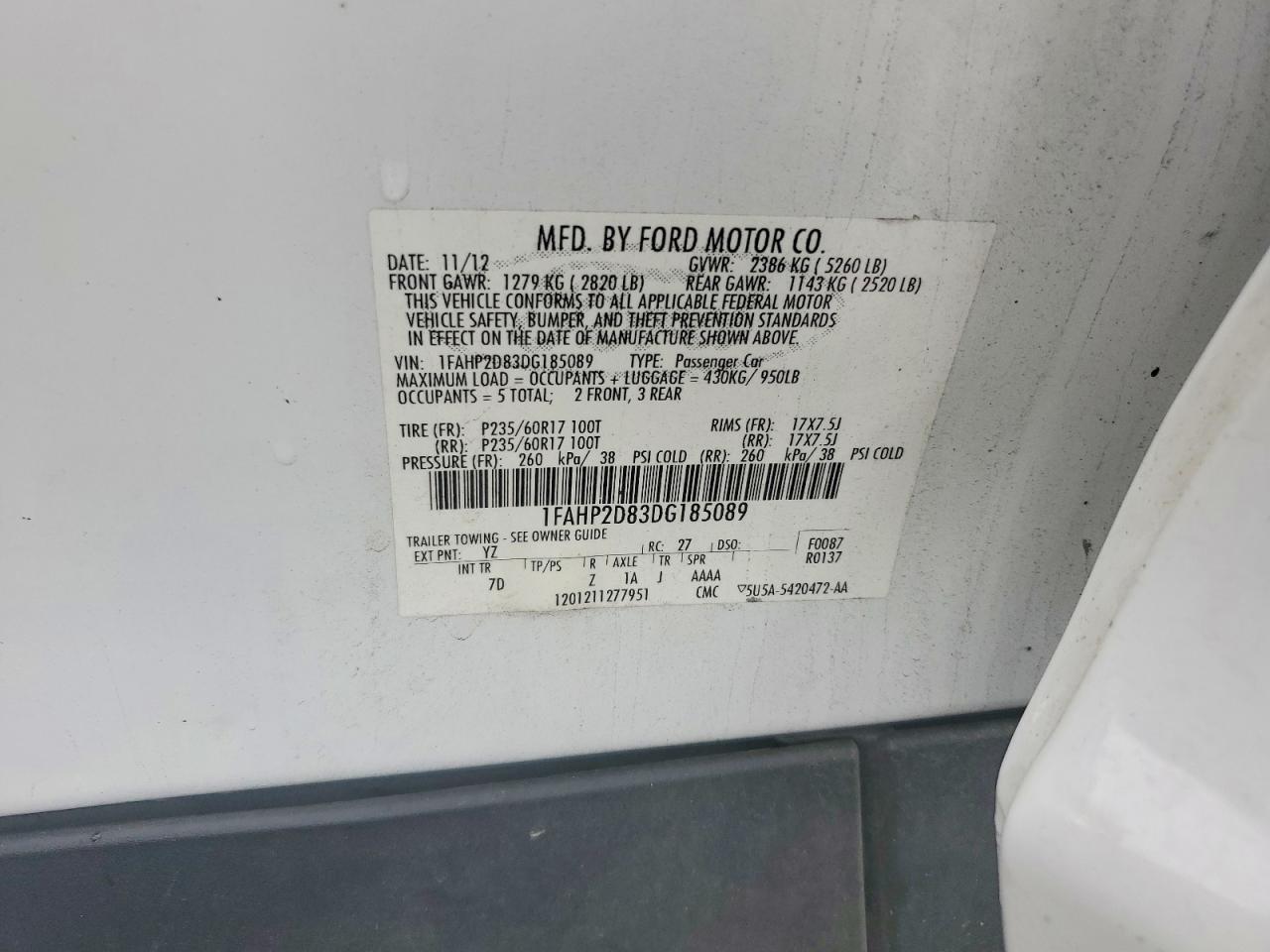 1FAHP2D83DG185089 · 2013 FORD TAURUS · 12/12