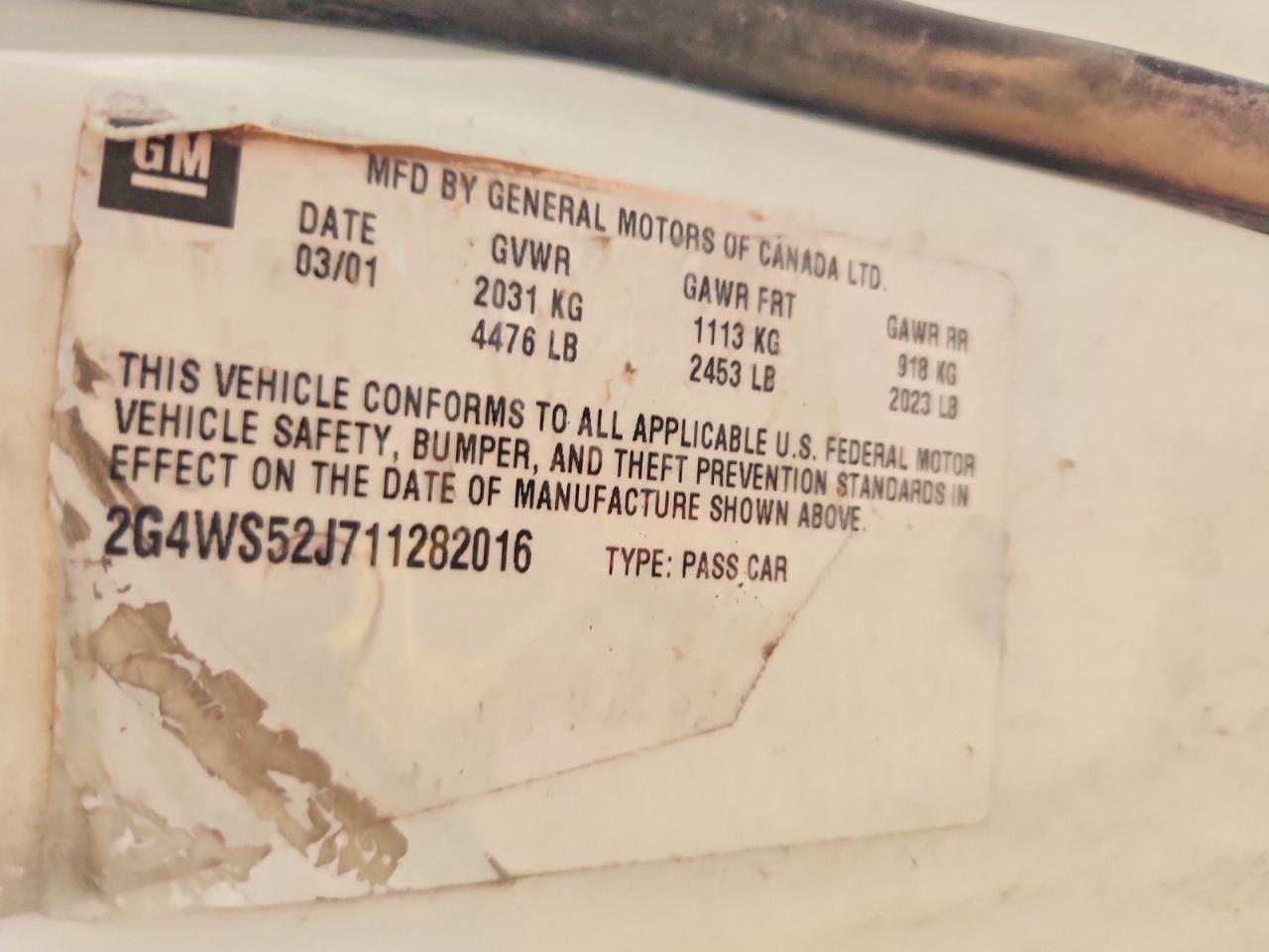 2G4WS52J711282016 · 2001 BUICK CENTURY · 12/12
