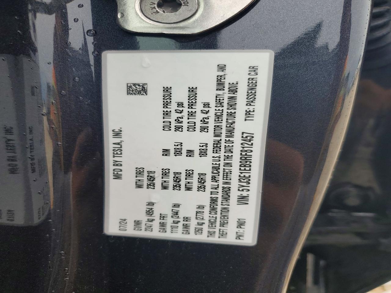 5YJ3E1EB9RF812457 · 2024 TESLA MODEL 3 · 12/12