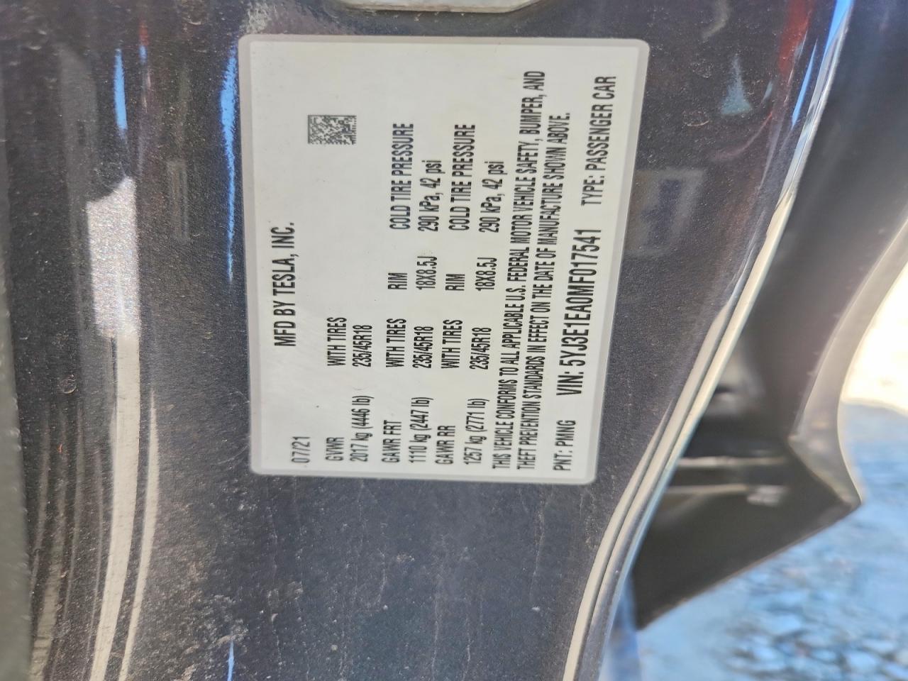 5YJ3E1EA0MF017541 · 2021 TESLA MODEL 3 · 12/12