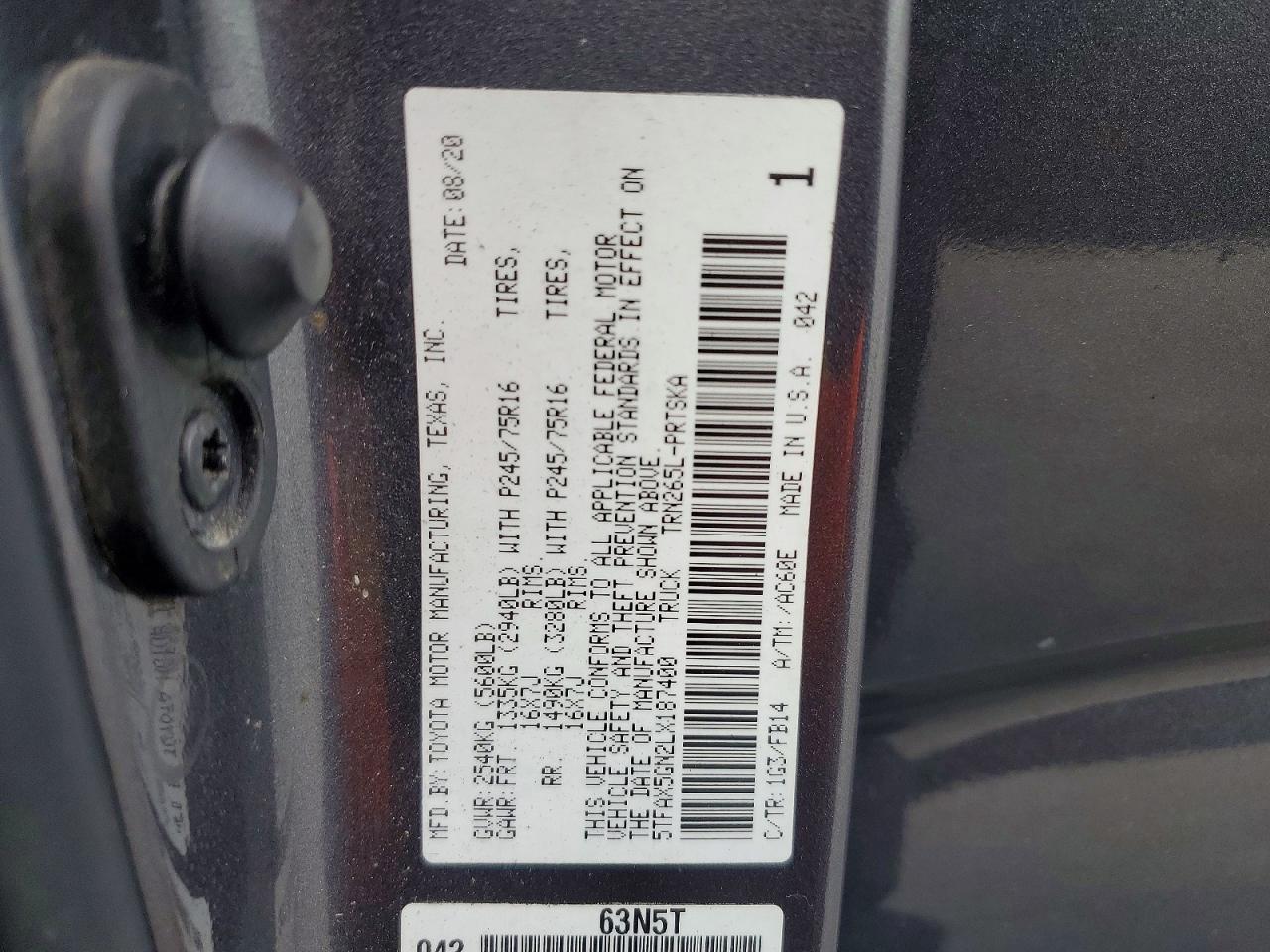 5TFAX5GN2LX187400 · 2020 TOYOTA TACOMA · 12/12