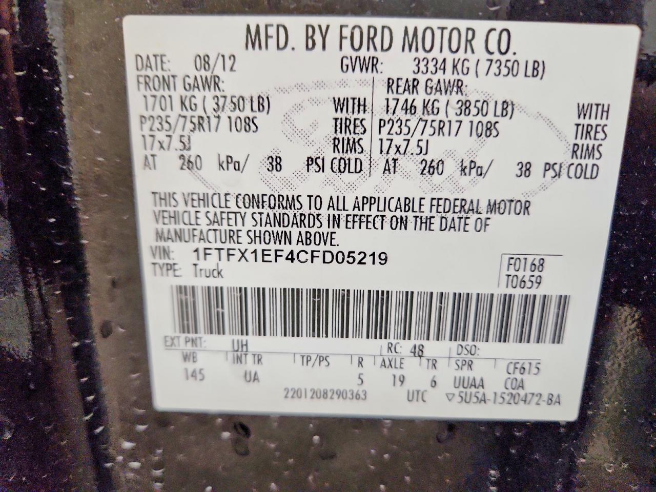 1FTFX1EF4CFD05219 · 2012 FORD F150 · 12/12