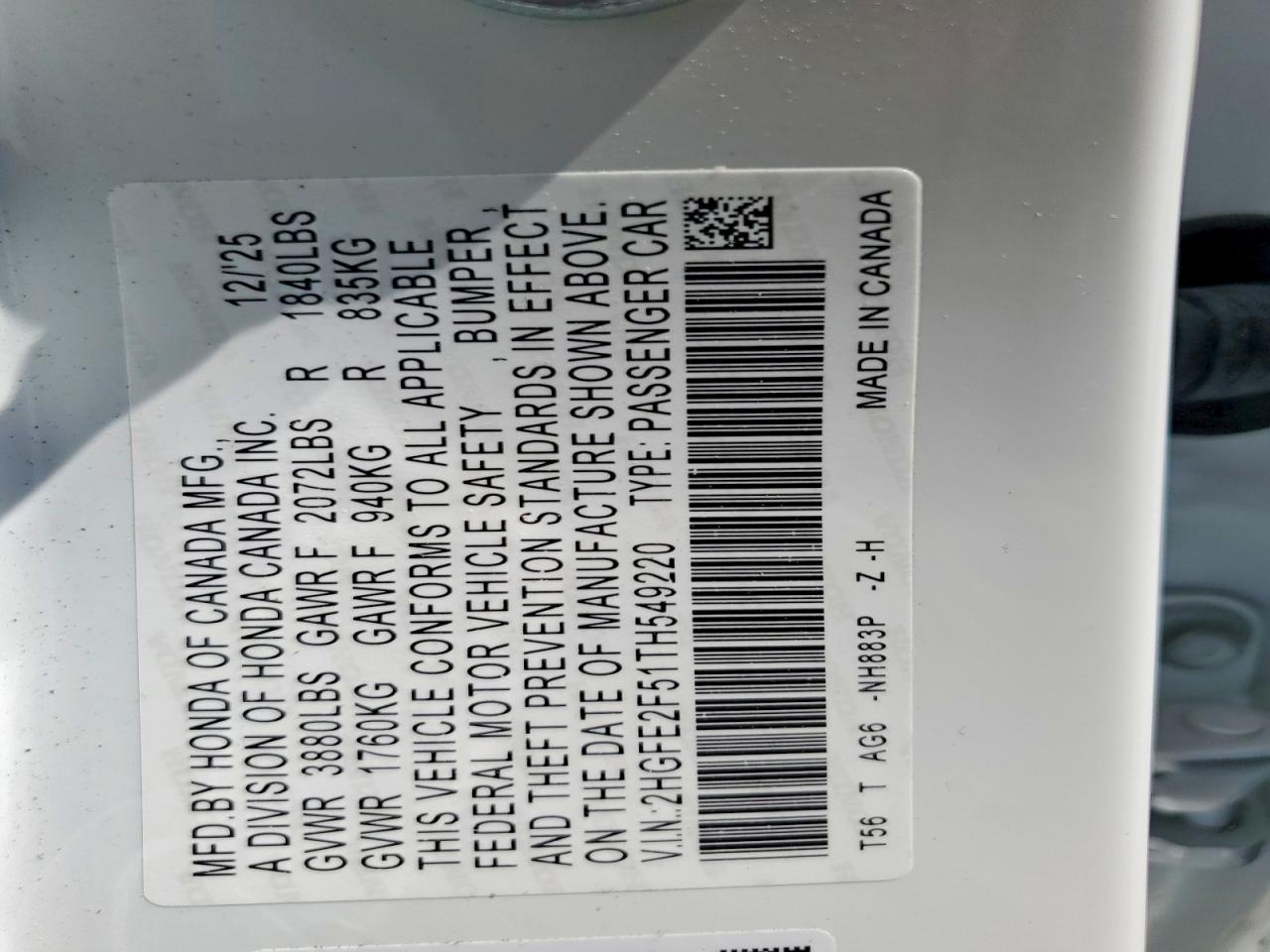 2HGFE2F51TH549220 · 2026 HONDA CIVIC · 12/12