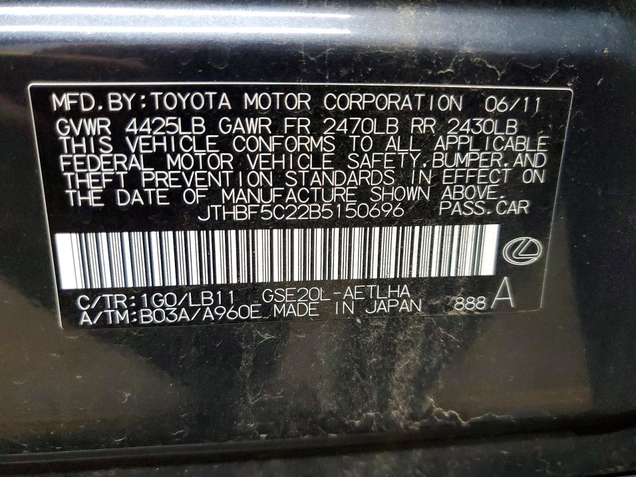 JTHBF5C22B5150696 · 2011 LEXUS IS · 12/12