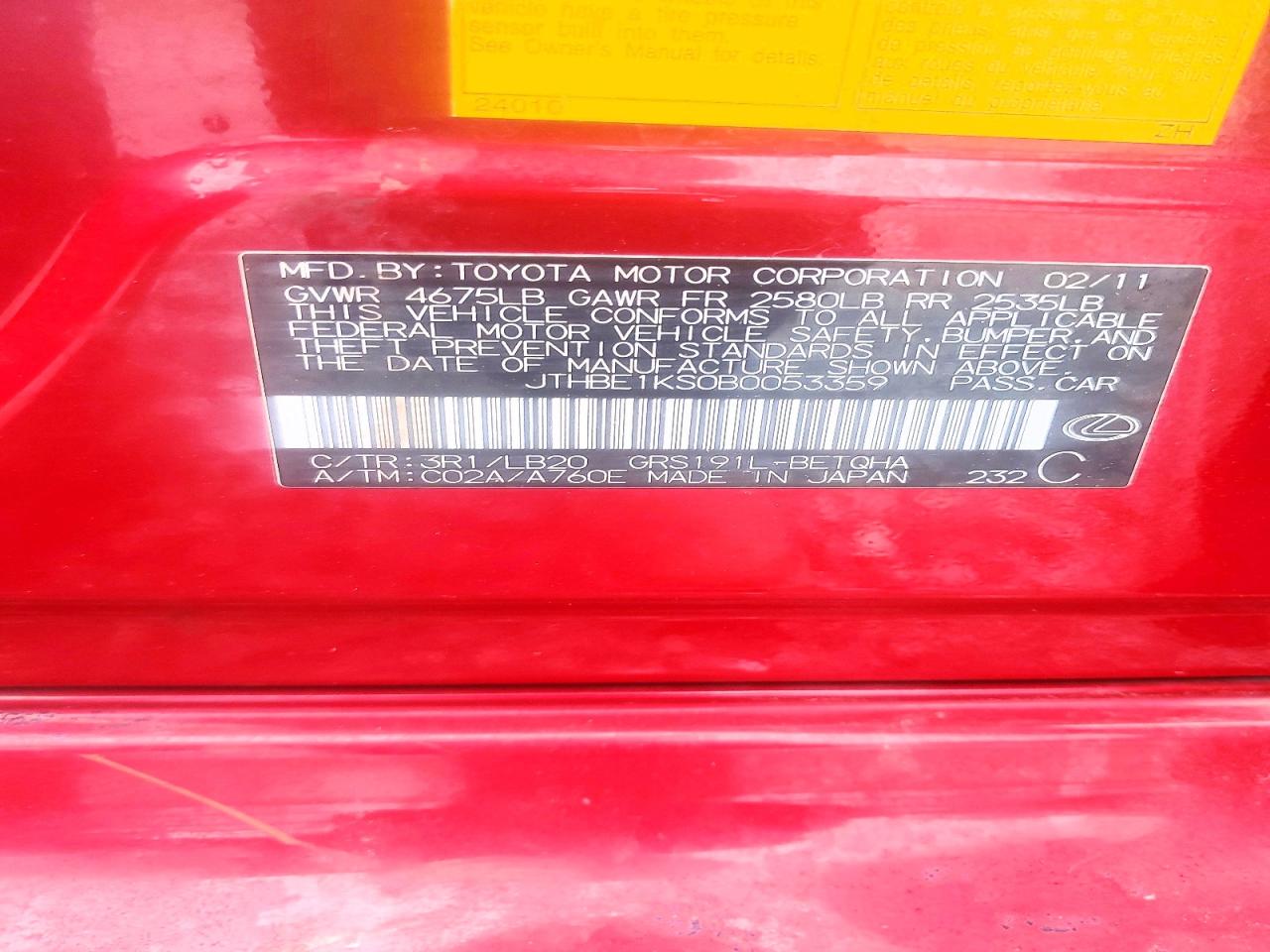JTHBE1KS0B0053359 · 2011 LEXUS GS · 12/12