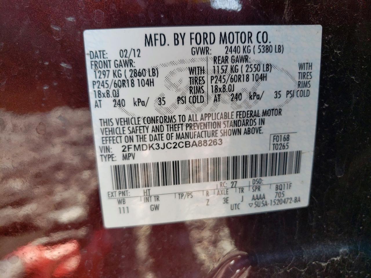 2FMDK3JC2CBA88263 · 2012 FORD EDGE · 12/12