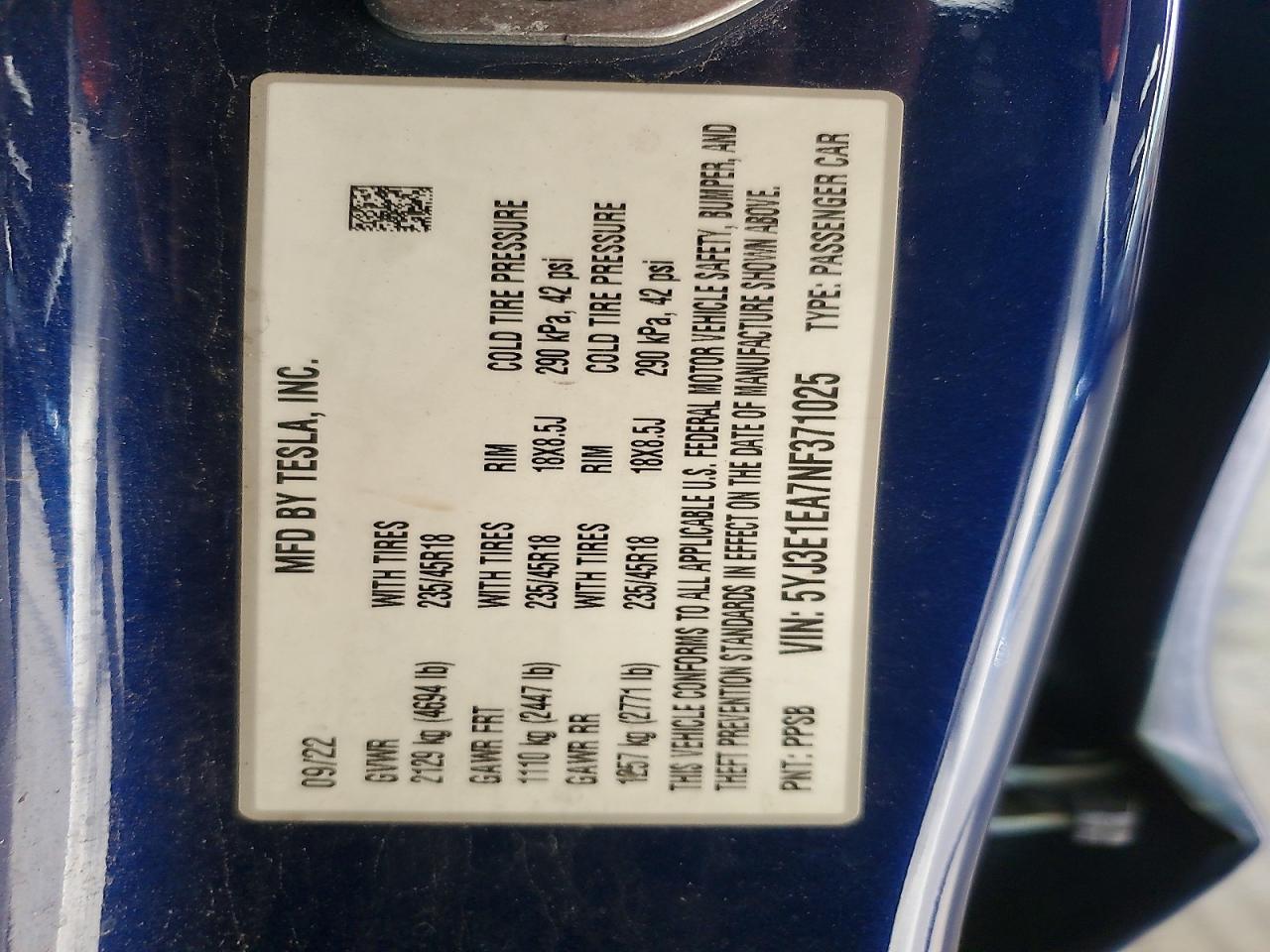 5YJ3E1EA7NF371025 · 2022 TESLA MODEL 3 · 12/12