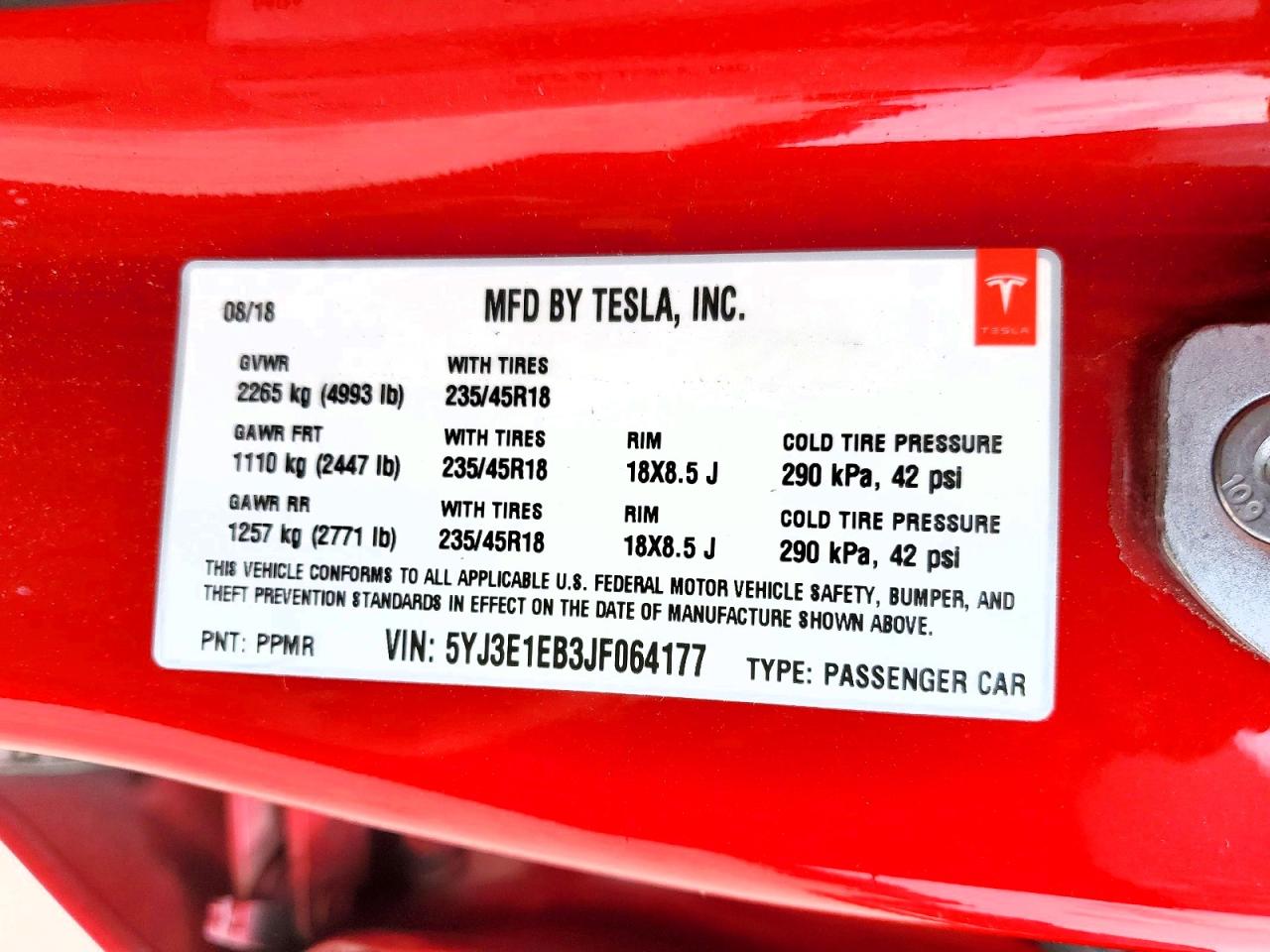 5YJ3E1EB3JF064177 · 2018 TESLA MODEL 3 · 12/12