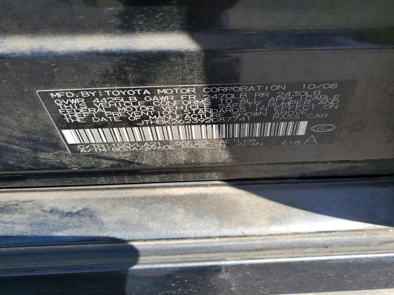 JTHBK262392087741 · 2009 LEXUS IS · 12/12