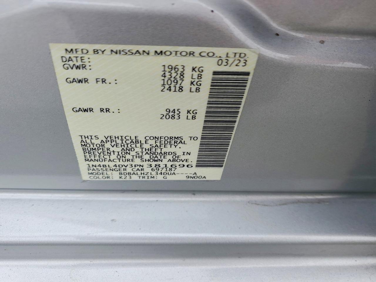 1N4BL4DV3PN381696 · 2023 NISSAN ALTIMA · 12/12