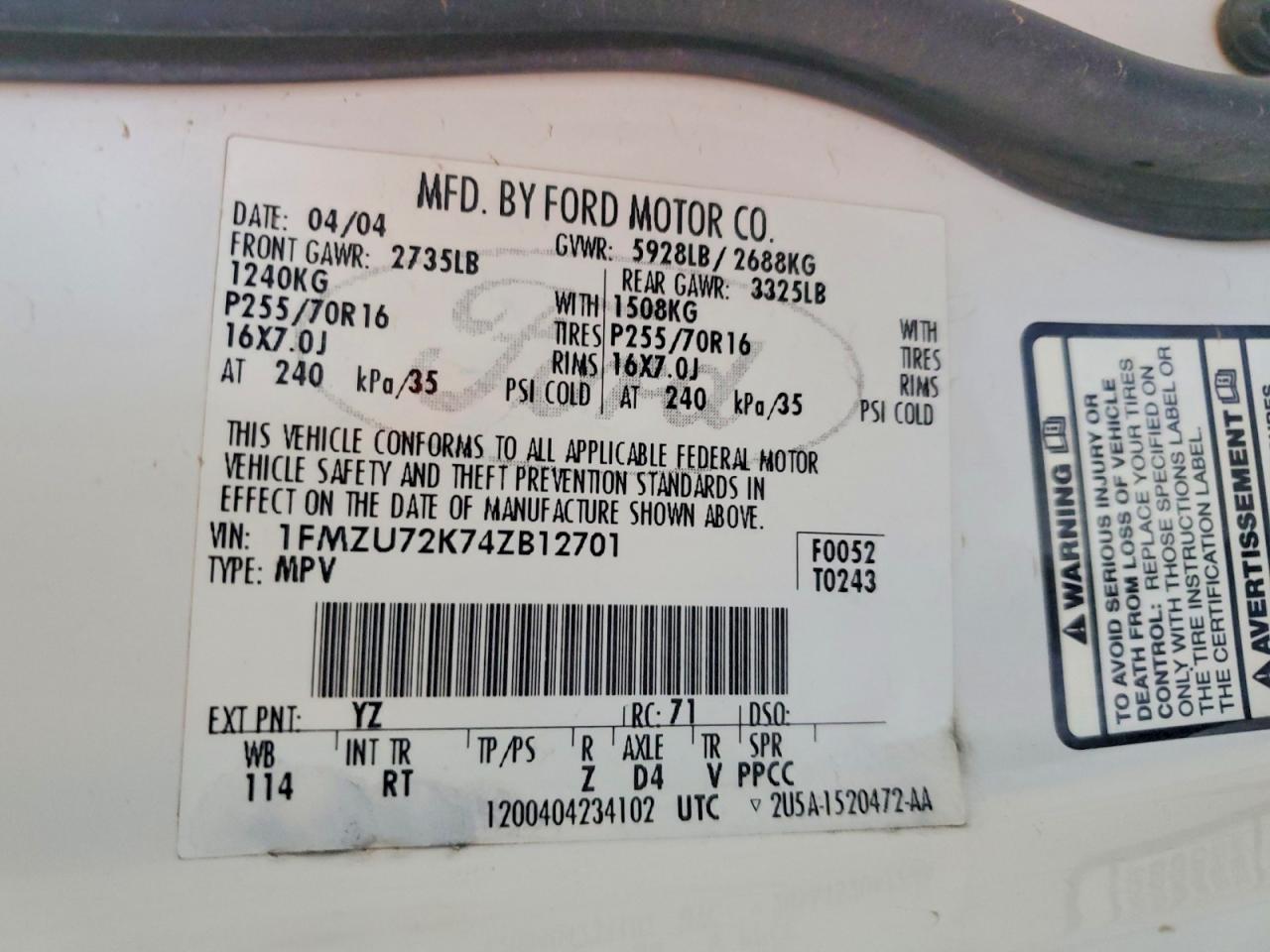 1FMZU72K74ZB12701 · 2004 FORD EXPLORER · 12/12