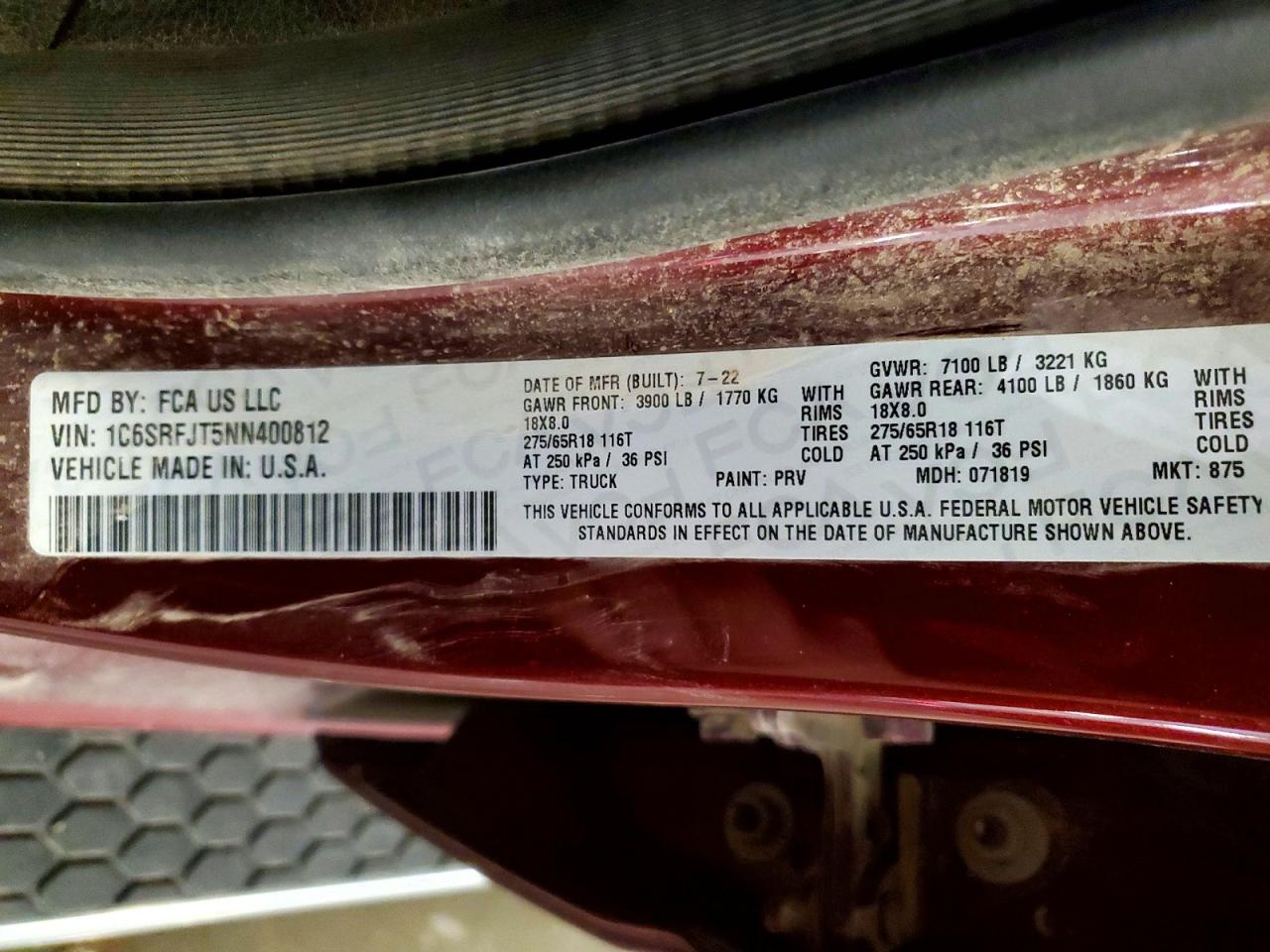 1C6SRFJT5NN400812 · 2022 RAM 1500 · 12/12