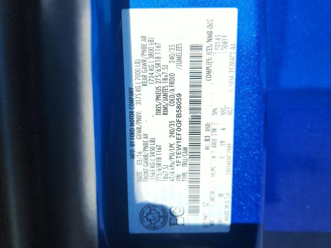 1FTEW1EF0GFB58059 · 2016 FORD F150 · 12/12