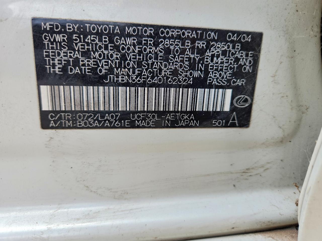 JTHBN36F640162324 · 2004 LEXUS LS · 12/12