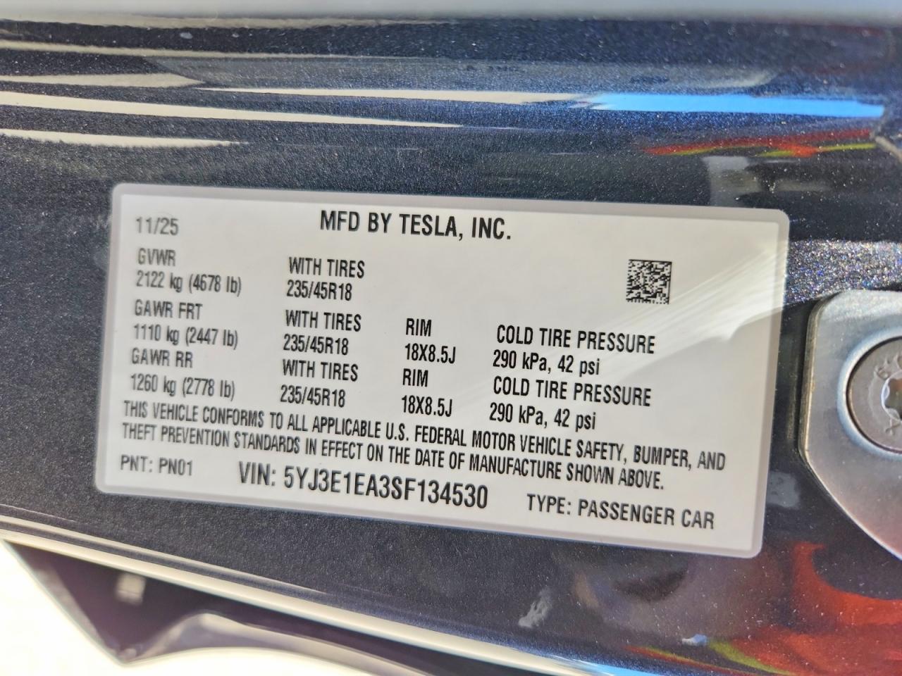 5YJ3E1EA3SF134530 · 2025 TESLA MODEL 3 · 12/12