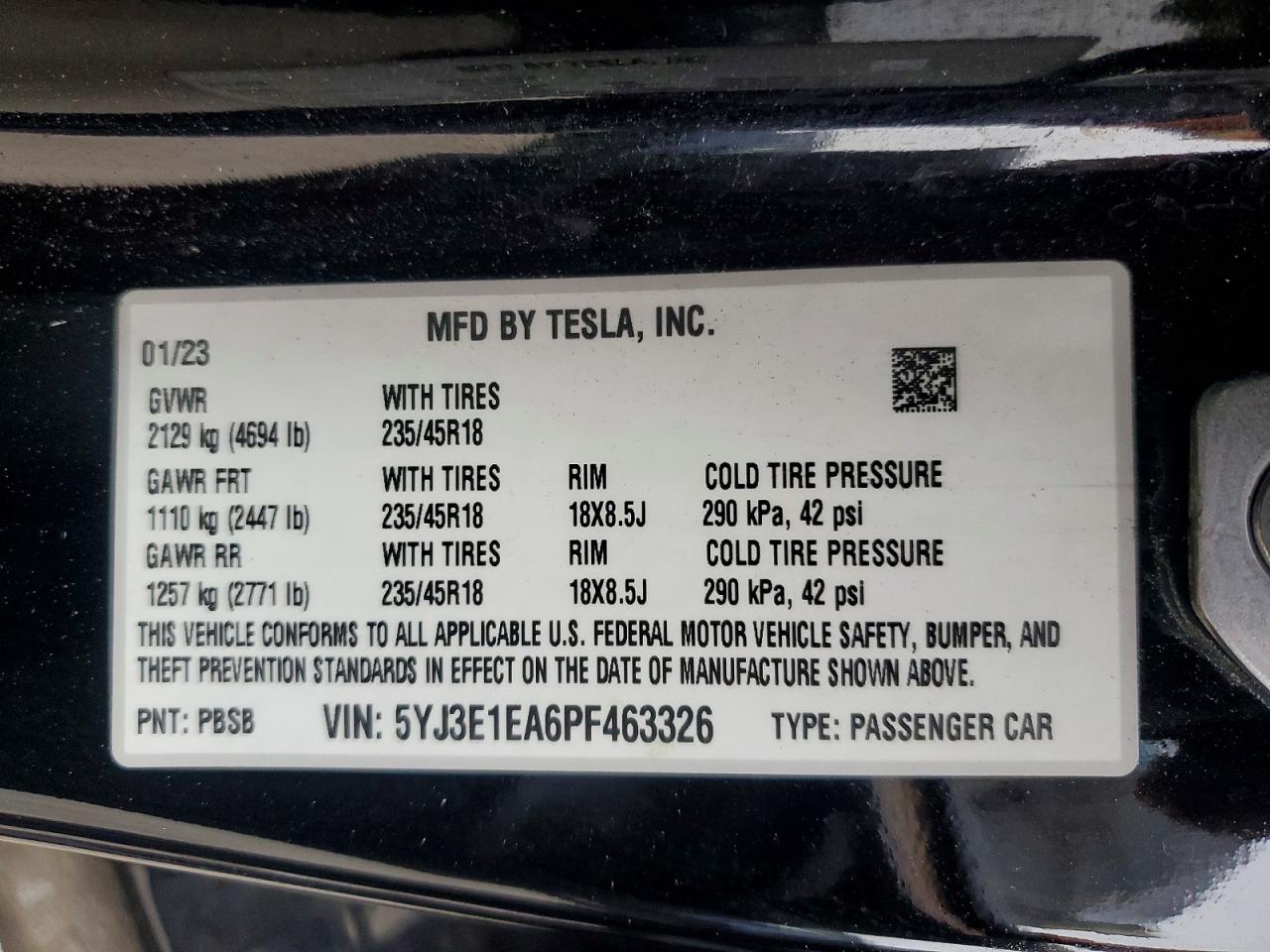 5YJ3E1EA6PF463326 · 2023 TESLA MODEL 3 · 12/12