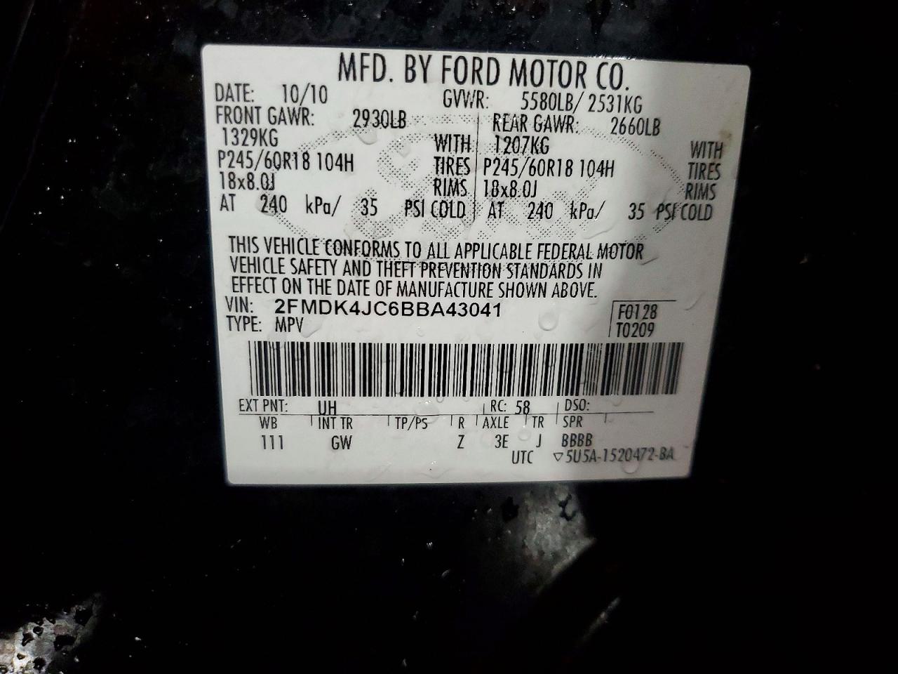 2FMDK4JC6BBA43041 · 2011 FORD EDGE · 12/12