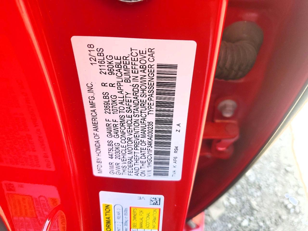 1HGCV1F34KA030235 · 2019 HONDA ACCORD · 12/12