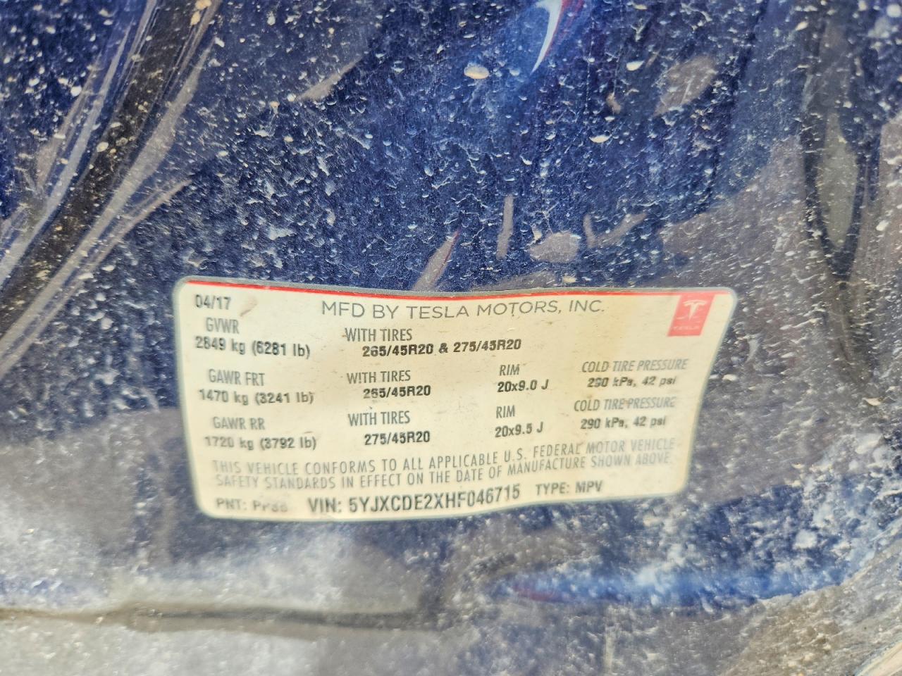 5YJXCDE2XHF046715 · 2017 TESLA MODEL X · 12/12