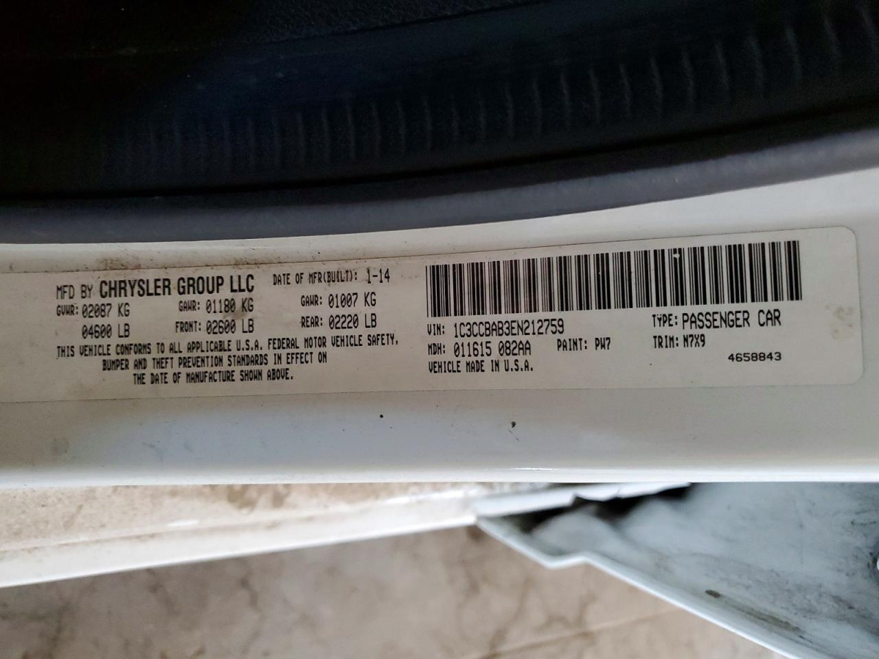 1C3CCBAB3EN212759 · 2014 CHRYSLER 200 · 12/12