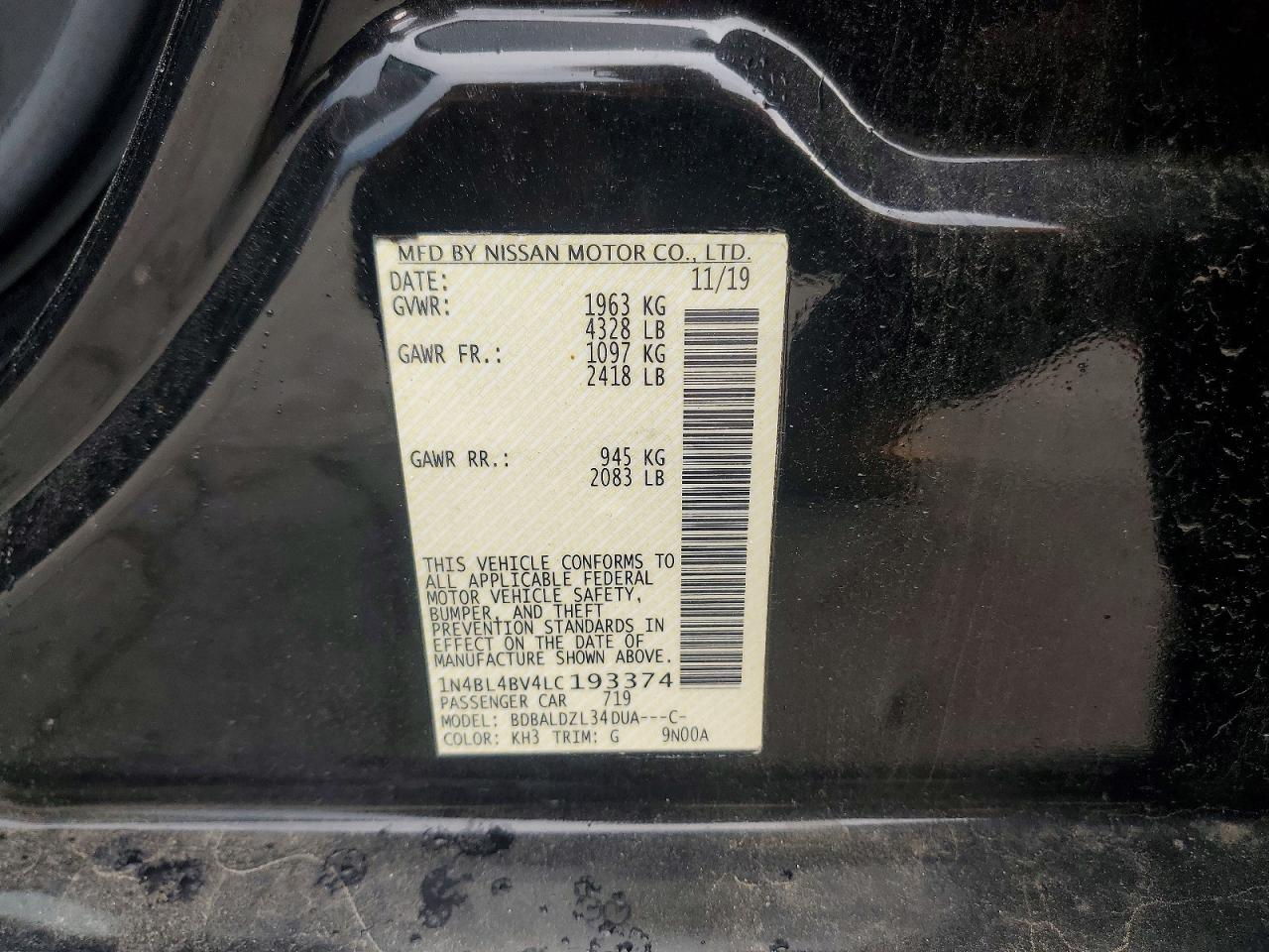 1N4BL4BV4LC193374 · 2020 NISSAN ALTIMA · 12/12