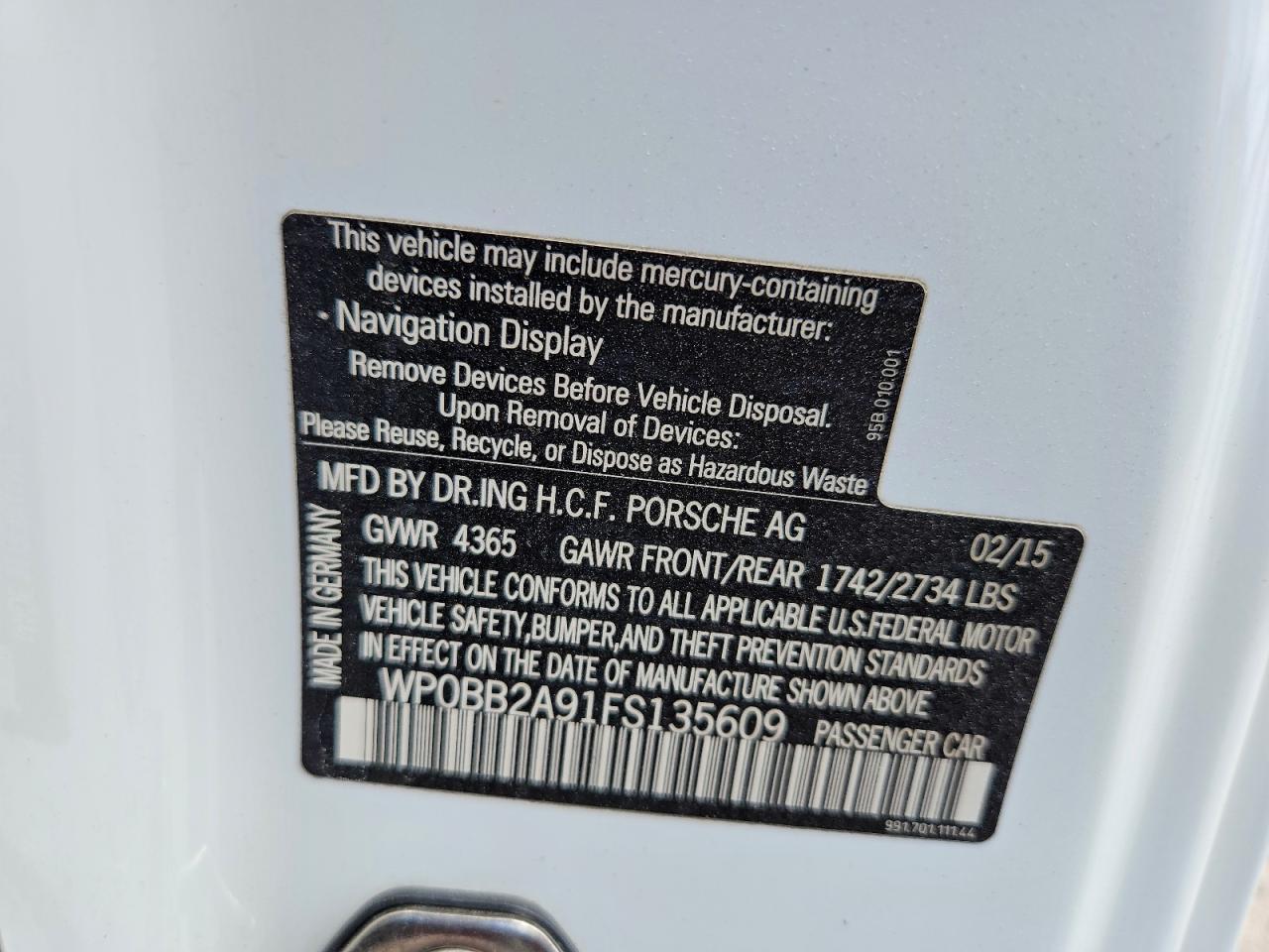 WP0BB2A91FS135609 · 2015 PORSCHE 911 · 12/12