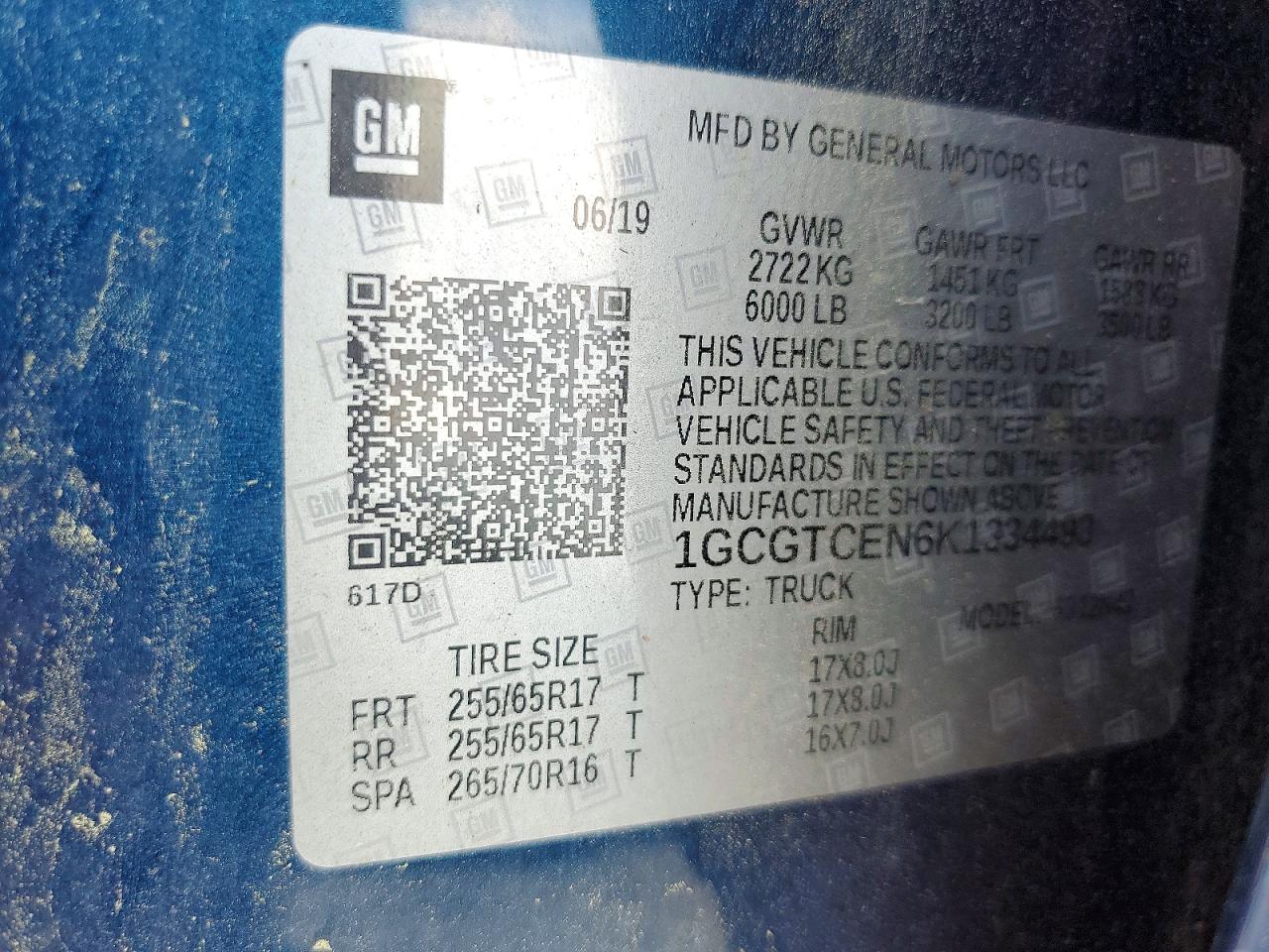 1GCGTCEN6K1334493 · 2019 CHEVROLET COLORADO · 12/12