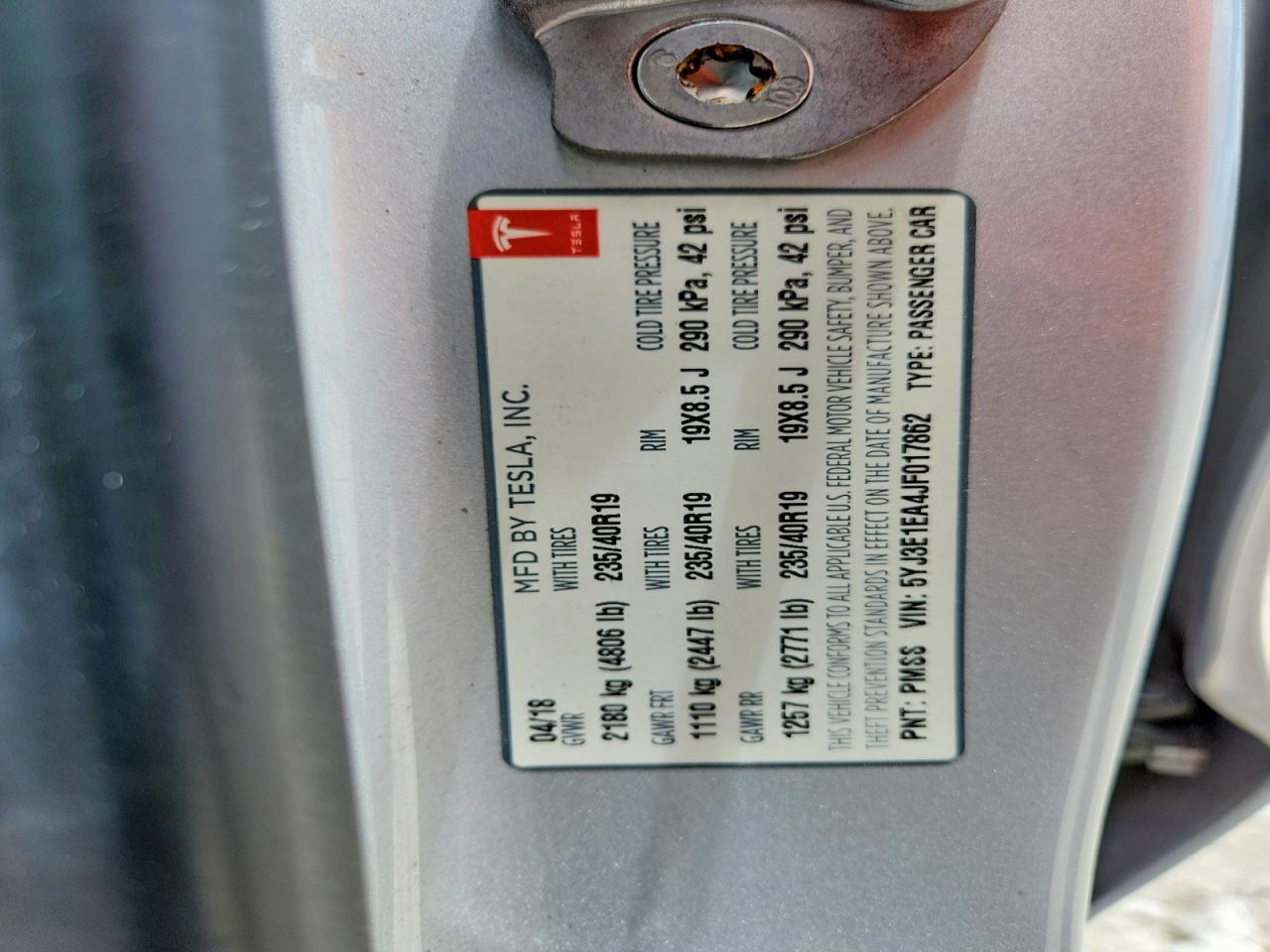 5YJ3E1EA4JF017862 · 2018 TESLA MODEL 3 · 12/12