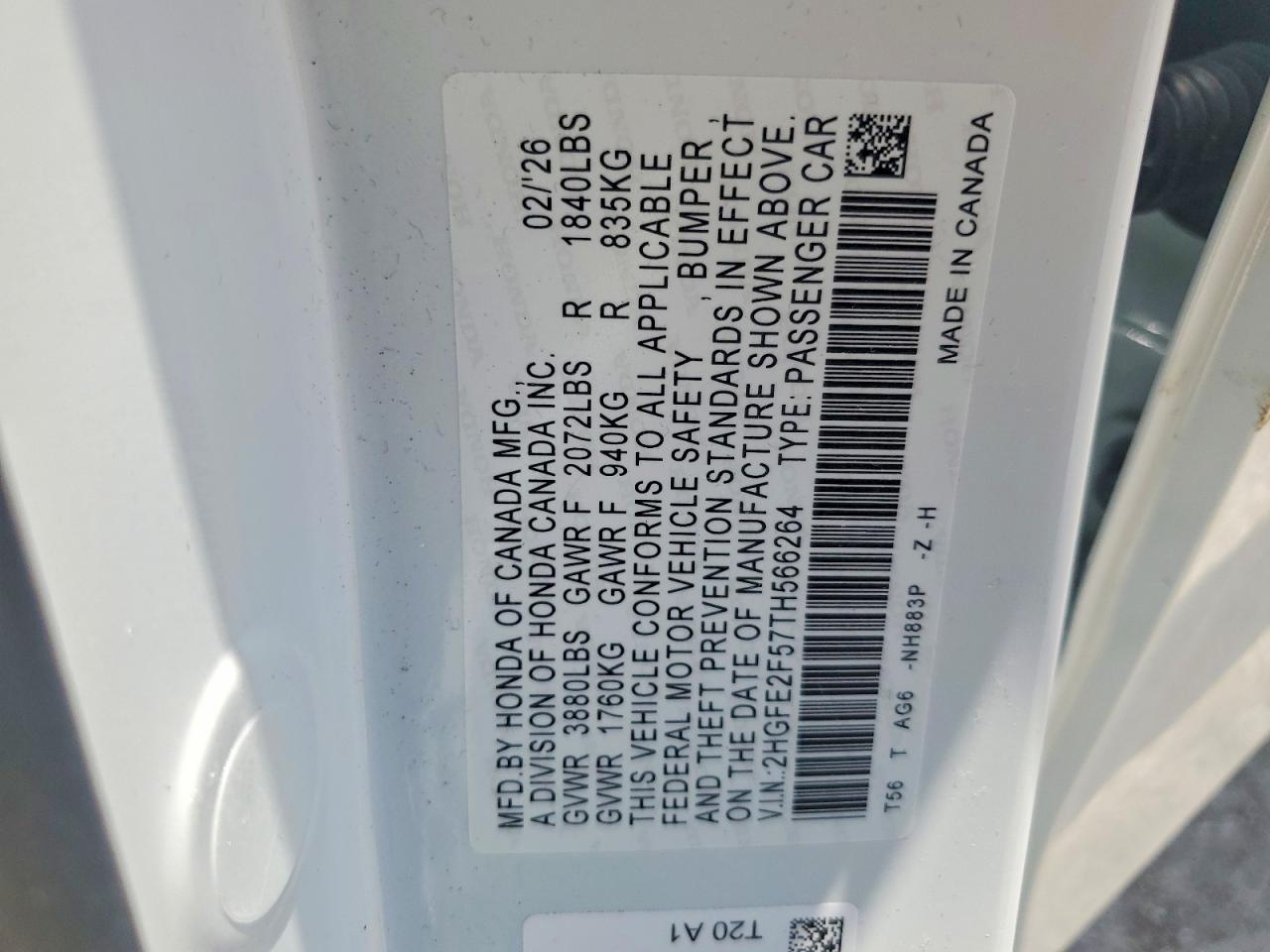 2HGFE2F57TH566264 · 2026 HONDA CIVIC · 12/12