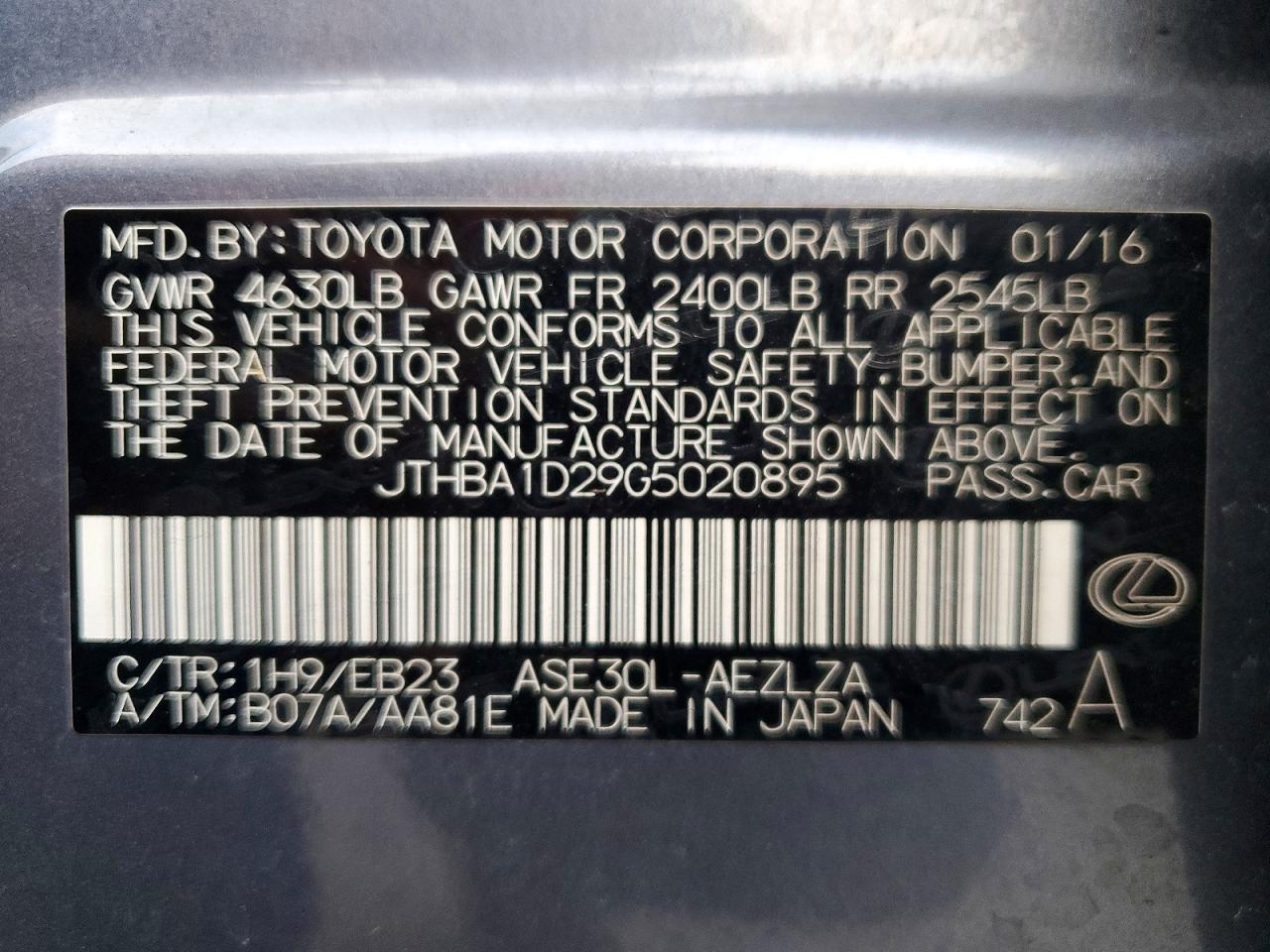 JTHBA1D29G5020895 · 2016 LEXUS IS · 12/12