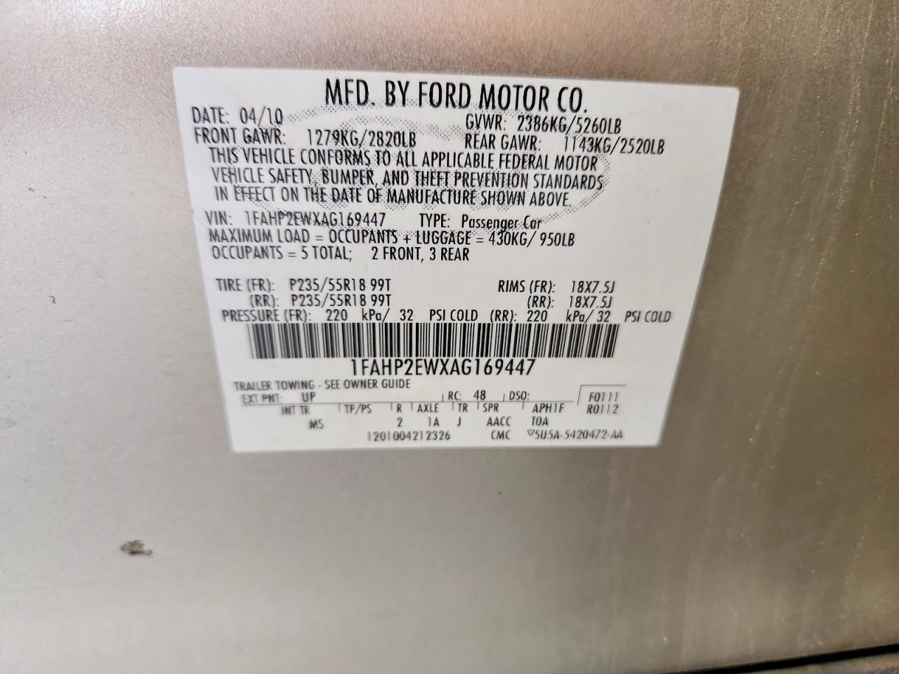 1FAHP2EWXAG169447 · 2010 FORD TAURUS · 12/12