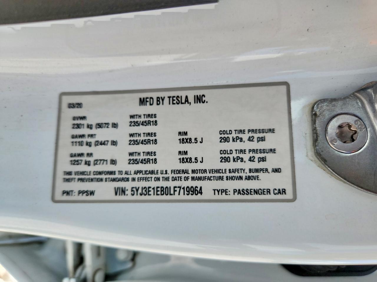5YJ3E1EB0LF719964 · 2020 TESLA MODEL 3 · 12/12