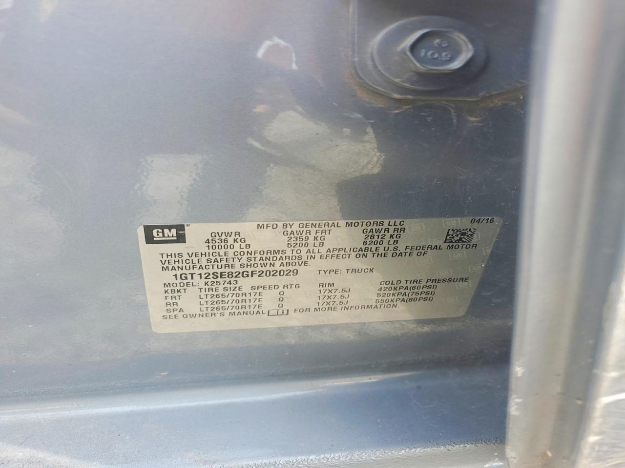 1GT12SE82GF202029 · 2016 GMC SIERRA · 12/12