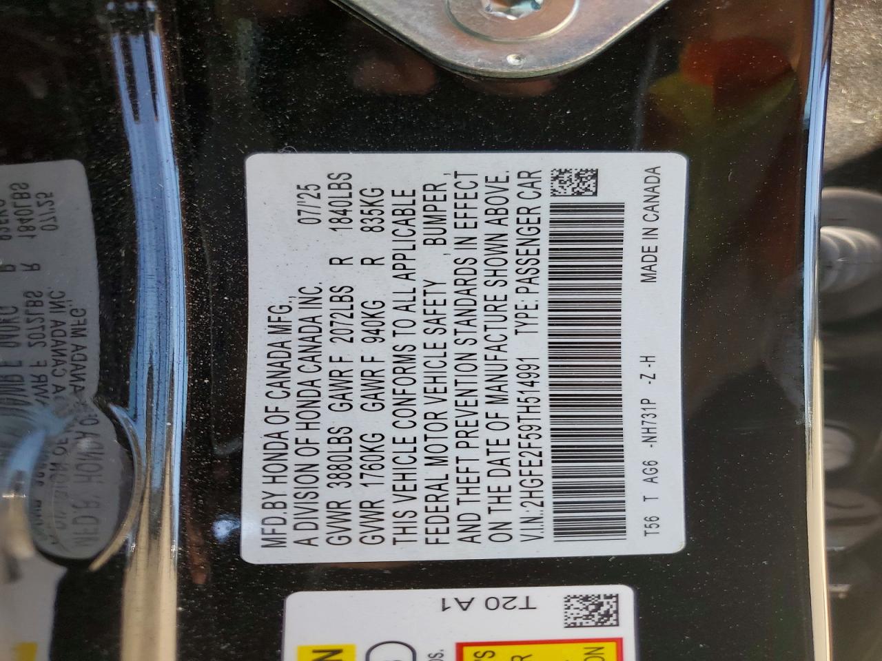 2HGFE2F59TH514991 · 2026 HONDA CIVIC · 12/12