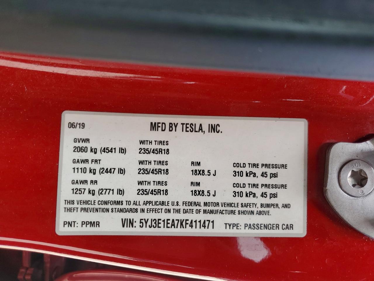 5YJ3E1EA7KF411471 · 2019 TESLA MODEL 3 · 12/12