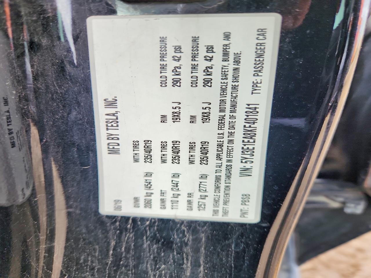 5YJ3E1EA8KF401841 · 2019 TESLA MODEL 3 · 12/12