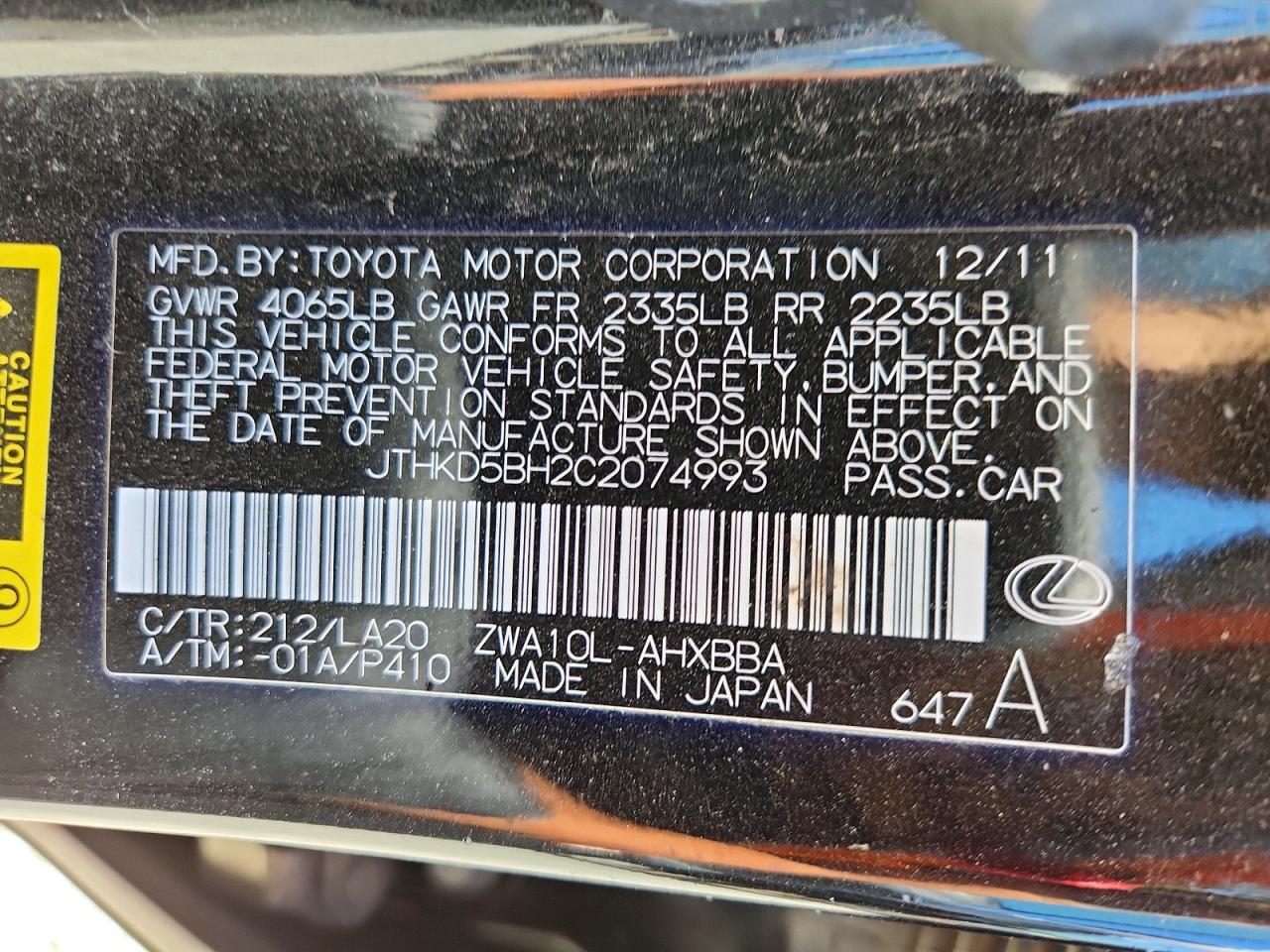 JTHKD5BH2C2074993 · 2012 LEXUS CT · 12/12