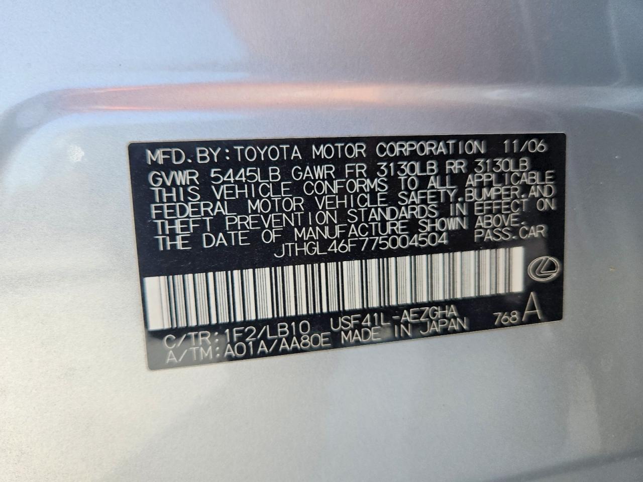 JTHGL46F775004504 · 2007 LEXUS LS · 12/12