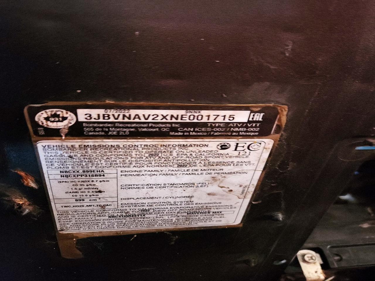 3JBVNAV2XNE001715 · 2022 CAN-AM MAVERICK X3 · 10/10
