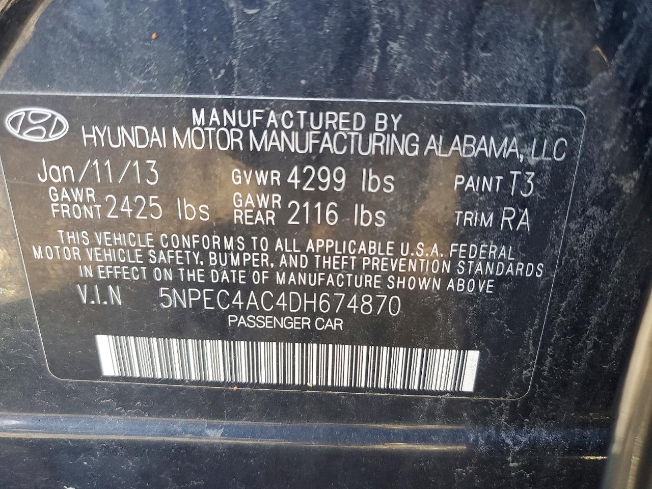 5NPEC4AC4DH674870 · 2013 HYUNDAI SONATA · 12/12