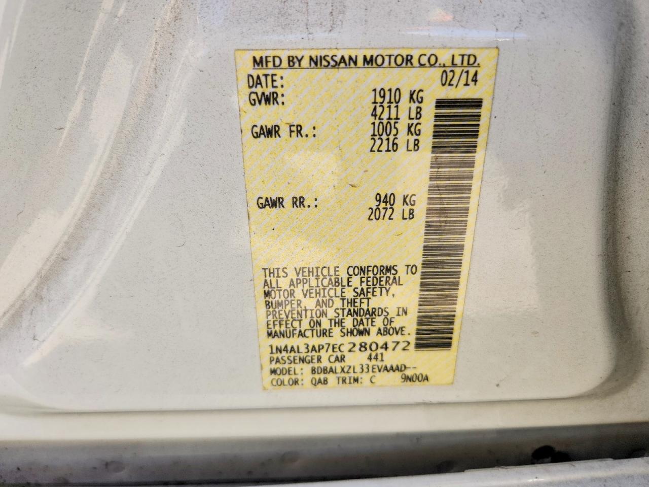 1N4AL3AP7EC280472 · 2014 NISSAN ALTIMA · 12/12